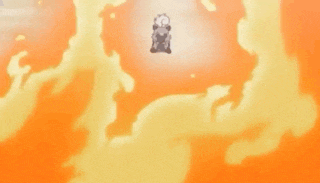a cartoon bear is flying through a cloud of orange smoke .