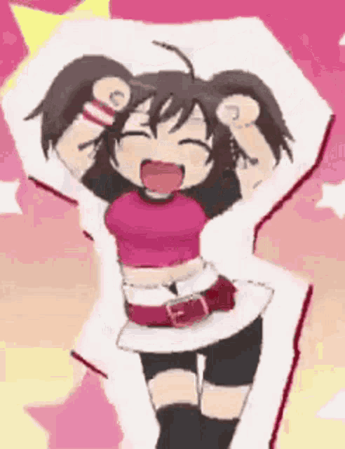 a girl in a pink shirt and white skirt is dancing with her hands in the air