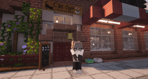 a minecraft character stands in front of the cat cafe