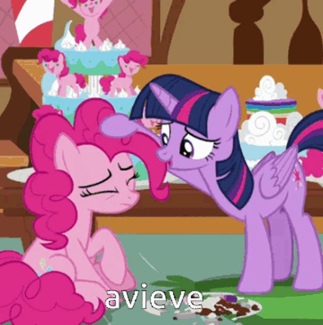pinkie pie and twilight sparkle from my little pony are standing next to each other in front of a cake