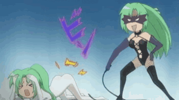 a woman with green hair is standing next to a woman with white hair and a whip in her hand .