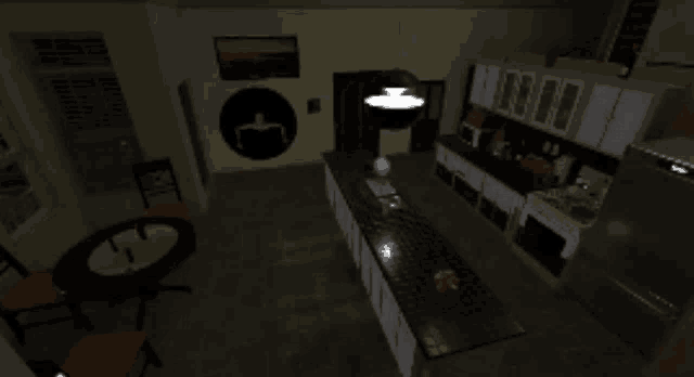 a computer generated image of a person coming out of a kitchen