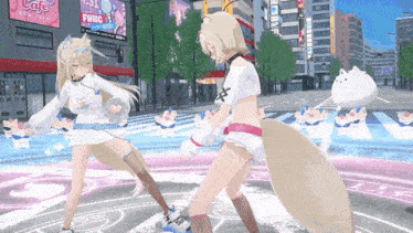 two anime girls are dancing on a street with a cafe sign in the background