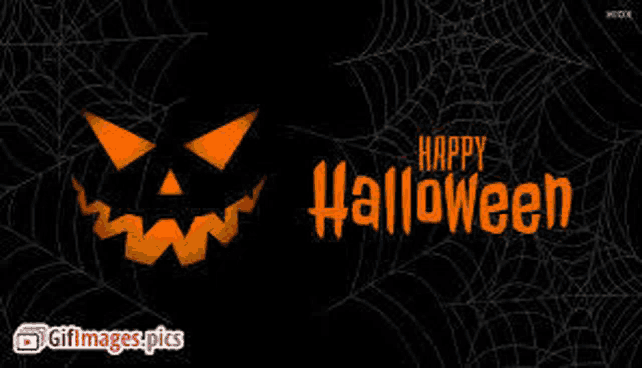 a happy halloween greeting card with a pumpkin face and a spider web .