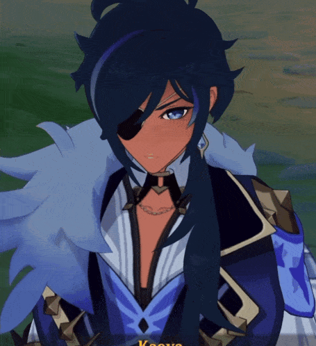 a blue haired anime character with the word kaeya on the bottom right