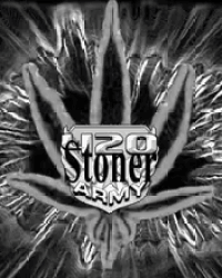 a black and white photo of a marijuana leaf with the words `` 420 stoner army '' written on it .