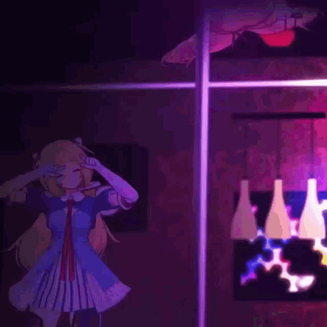 a girl is dancing on a pole in a room with bottles hanging from the ceiling .