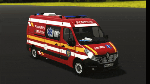 a red and yellow ambulance with the word pompieri smurd on the side