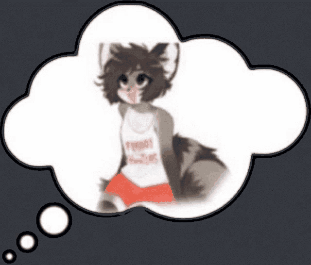 a thought bubble with a picture of a furry character wearing hooters shorts and a white tank top