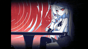 a girl with red eyes sits at a table with a red background