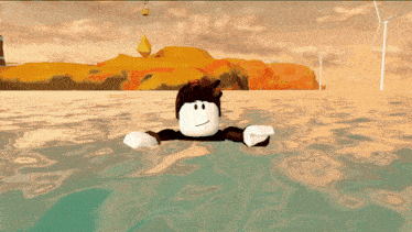 a cartoon character is floating in the water with windmills in the background