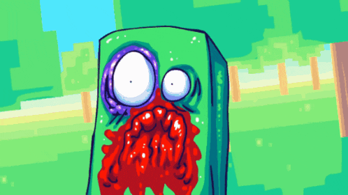 a cartoon drawing of a green monster with purple eyes and red mouth
