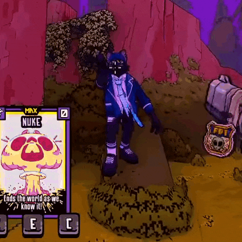 a cartoon character is standing in front of a sign that says nuke