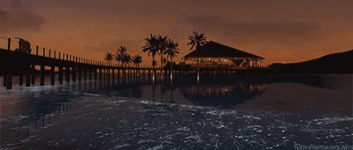 a bridge over a body of water with palm trees and a house in the background