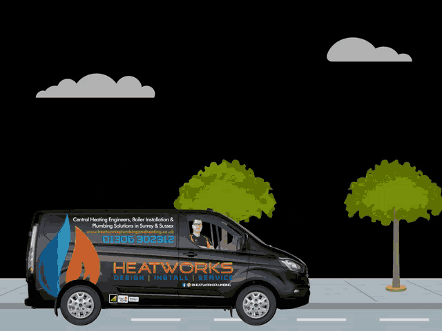 a black van that says heatworks on the side