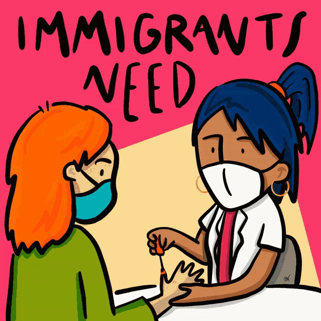 a cartoon of a woman getting her nails done with the words " immigrants need " on the bottom
