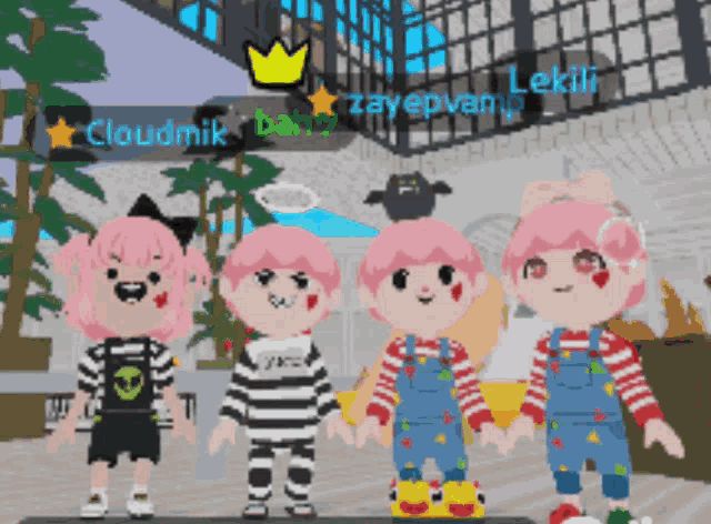 a group of cartoon characters are standing next to each other with the names cloudmik and zayepvan on the screen