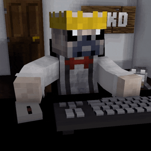 a minecraft character with a crown on his head is typing on a keyboard in front of a sign that says hd