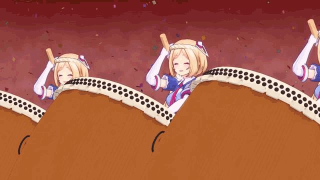 a group of anime girls are playing drums with sticks