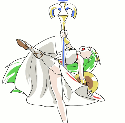 a cartoon drawing of a woman holding a pole and shield