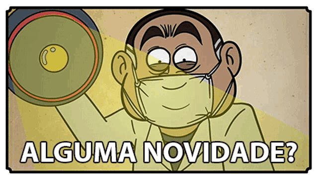 a cartoon of a man wearing a mask and holding a megaphone with the words alguma novidade written below him