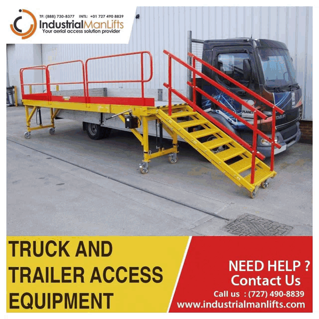 an ad for industrial manlifts shows a truck and stairs