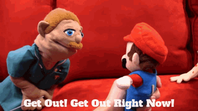 a mario puppet is talking to a nurse puppet with the words get out get out right now below them