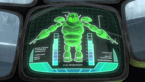 a computer monitor displays a green robot with arms and legs and a few letters on it