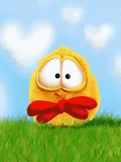 a cartoon character with big eyes and a red bow tie is standing in the grass