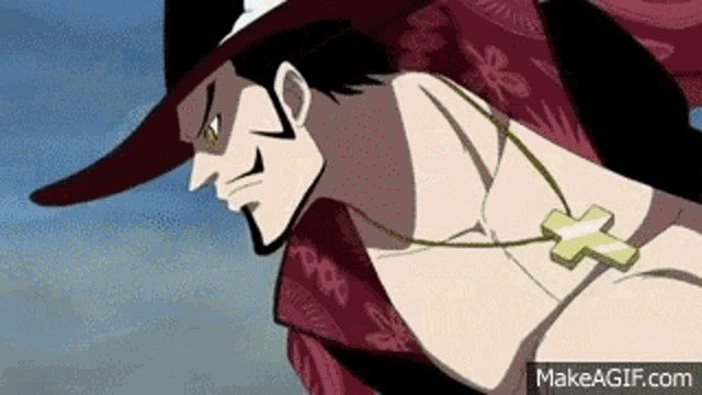 a man with a beard and a hat is wearing a necklace with a cross around his neck .