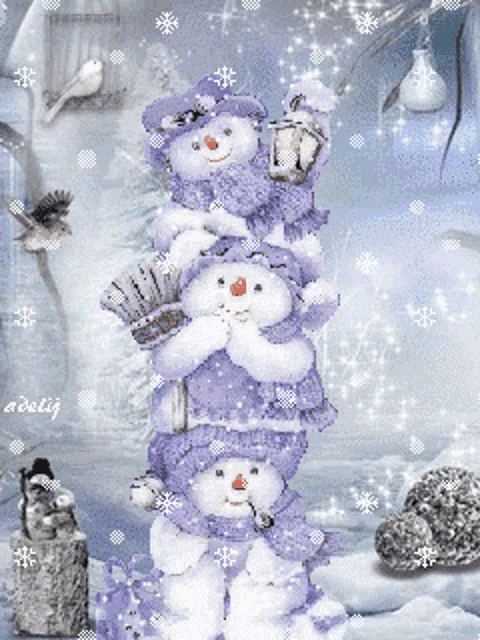 a stack of purple snowmen with a bird in the background