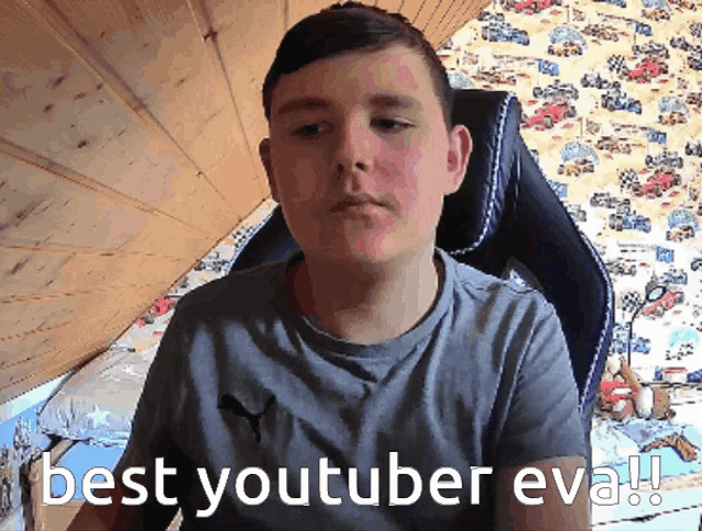 a young boy sitting in a chair with the words " best youtuber eva " on the bottom