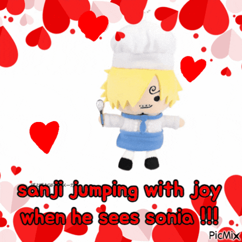 a picture of sanji jumping with joy when he sees sonia