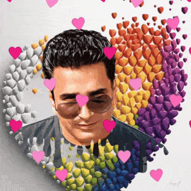 a painting of a man surrounded by rainbow colored hearts with a pink heart in the middle