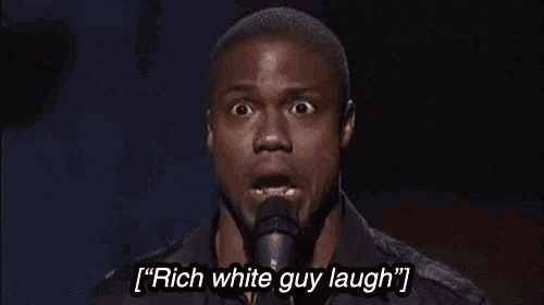 a man is speaking into a microphone with the words " rich white guy laugh " written below him