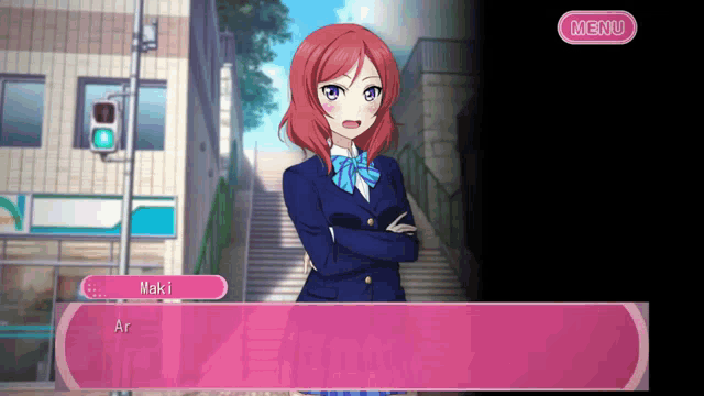 a girl in a school uniform is talking to another girl named makii