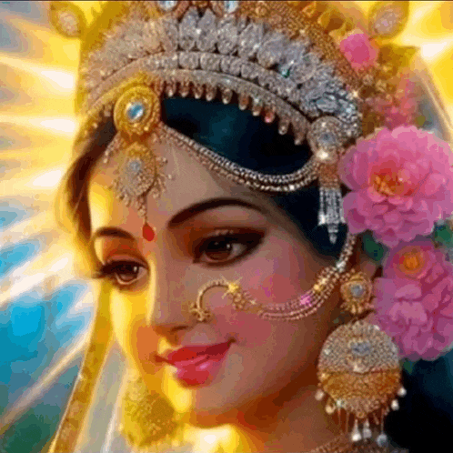 a close up of a woman 's face wearing a crown and flowers in her hair .