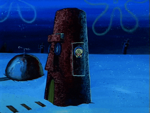 a cartoon drawing of a spongebob tower with a clock on it