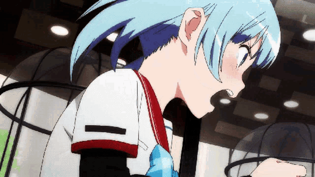 a girl with blue hair is wearing a white shirt and a blue tie