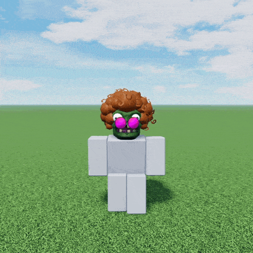 a cartoon character with curly hair and purple eyes is standing in the grass