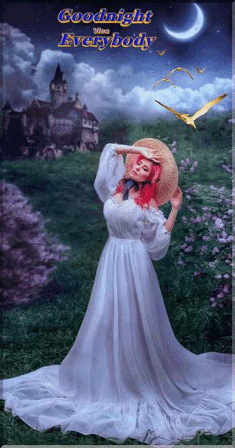 a woman in a white dress stands in front of a castle and the words goodnight everybody