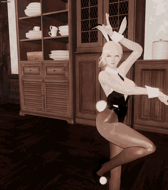 a woman in a bunny costume is dancing in front of a cabinet