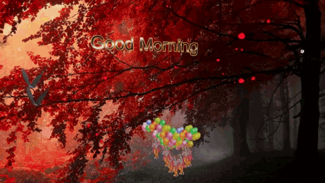 a picture of a forest with a bunch of balloons that says good morning