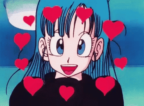 a girl with blue hair is surrounded by red hearts on her face