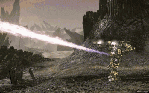 a video game character is shooting a purple beam of light