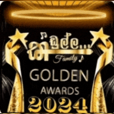 a poster for the golden awards 2024 with two gold statues