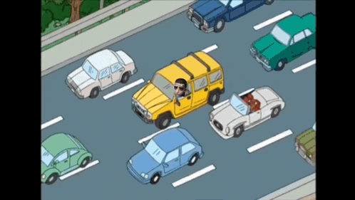 a cartoon of a man driving a yellow car in a traffic jam