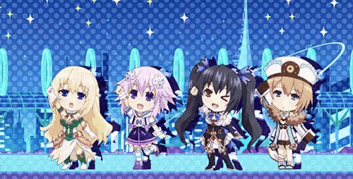 a group of anime characters are standing next to each other on a blue background