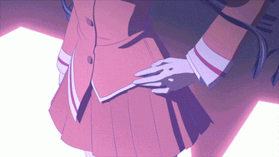 a girl in a pink uniform is touching her waist