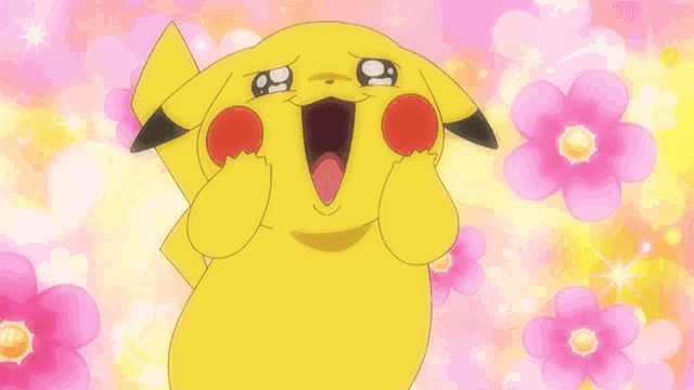a pikachu is surrounded by pink flowers and has his mouth open
